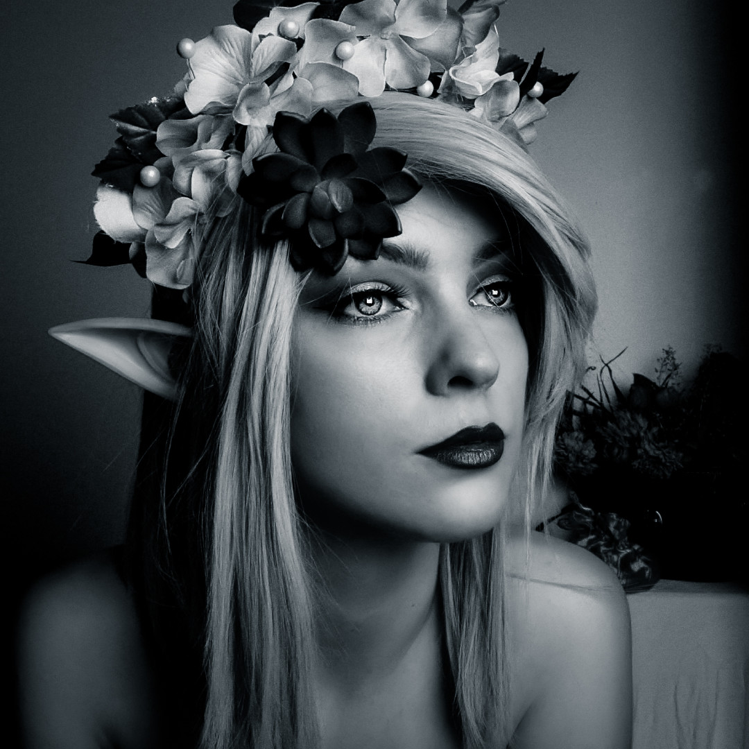 Image, Hinymee as an elf in black white.